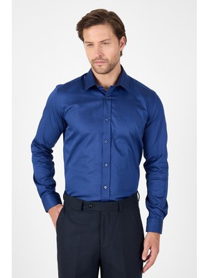 Lacivert Sert Yaka Düz Classic %100 Pamuk Slim Fit Gömlek 1004250324