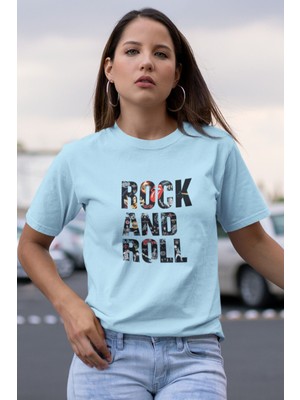 Koi Art Design Rock And Roll Baskılı / Kadın Çok Renkli T-Shirt %100 Pamuk Regular Fıt Rahat Kalıp