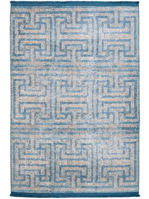 Hardenberg Geometrik Mavi Pamuk Kare Modern Desenli Pamuk Makinada Yıkanabilir Hav Toz Vermez Leke Tutmayan Kaymaz Taban Dijital Makine Baskı Salon Yolluk Mutfak Halı