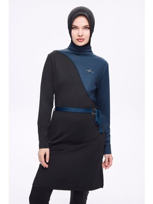 Kuşak Detaylı Siyah Lacivert Likralı 5 Parça Tam Tesettür Mayo Takımı 5007