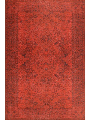 Bespoky 210x210 cm Kırmızı Eskitme Vintage Soyut Yıkanabilir Halı | Salon Yatak Odası Halısı | Leke Tutmayan, Kaymaz | BA50-KARE