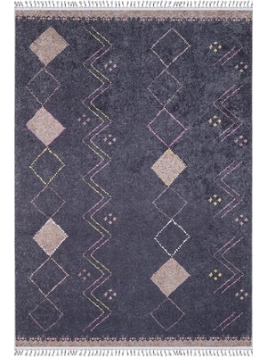 Hali.Net 80x250 cm Lacivert Antrasit Elmas Bohem Geometrik Halı | Mutfak Yolluk Halısı | Hav Vermez Hipoalerjenik | HALN-HLN5106