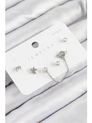 Pirinç Zirkon Taşlı Yıldız ve Gezegen Model Gümüş Renk 925 Ayar Gümüş Çivi Kadın Küpe Set