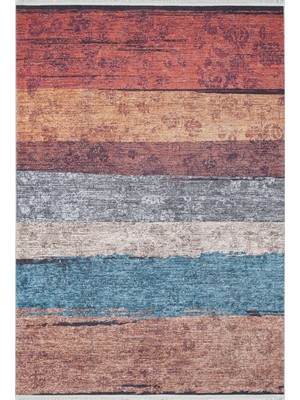 Bespoky 80x150 cm Kırmızı Çok renkli Ahşap görünümlü çizgili Modern Soyut Yıkanabilir Halı | Yatak Odası Mutfak Halısı | Leke Tutmayan, Kaymaz | HALN-HLN2005