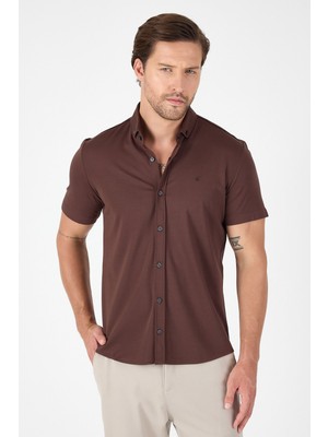 Koyu Kahverengi Kısa Kol Düğmeli Yaka Cepsiz Performans Ürün Slim Fit  Gömlek 1004250256