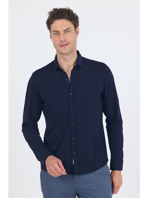 Koyu Lacivert Uzun Kol Düz Örme Polo Yaka Cepsiz Esnek Classic Slim Fit Gömlek 1004250153_200