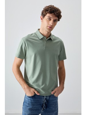 Açık Yeşil Pamuklu Kalın Yumuşak Dokulu Polo Yaka Oversize Fit Basic Erkek T-Shirt - 88381