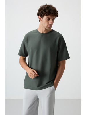 Air Jones Haki Waffle İnterlok Yüzeyi Dokulu Oversize Fit Basic Erkek T-Shirt - 88379