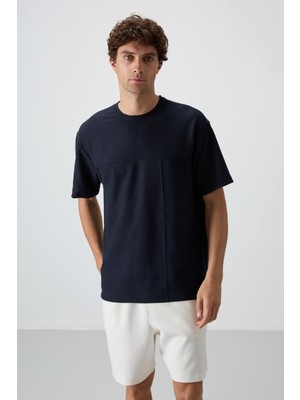 Air Jones Lacivert Waffle İnterlok Yüzeyi Dokulu Oversize Fit Basic Erkek T-Shirt - 88380