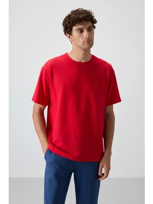 Air Jones Kırmızı Waffle İnterlok Yüzeyi Dokulu Oversize Fit Basic Erkek T-Shirt - 88379