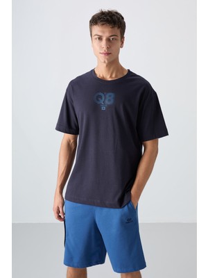 Tommy Life Lacivert Pamuklu Kalın Yumuşak Dokulu Oversize Fit Baskılı Erkek T-Shirt - 88333