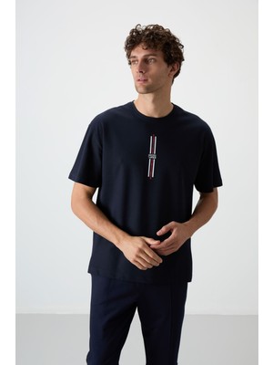 Air Jones Lacivert Pamuklu Kalın Yüzeyi Dokulu Oversize Fit  Baskılı Erkek T-Shirt - 88366