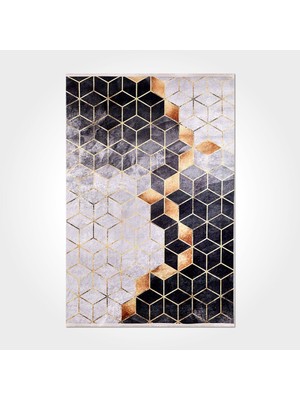 Leilani Geometrik Beyaz Polyester Dikdörtgen Modern Desenli Pamuk Makinada Yıkanabilir Hav Toz Vermez Leke Tutmayan Kaymaz Taban Dijital Makine Baskı Salon Yolluk Mutfak Halı