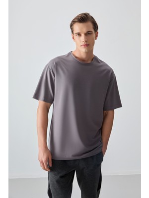 Air Jones Koyu Gri Pamuklu Kalın Yumuşak Dokulu Oversize Fit Basic Erkek T-Shirt - 88377