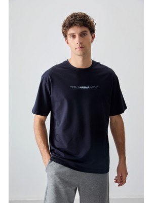 Air Jones Lacivert Pamuklu Kalın Yumuşak Dokulu Oversize Fit Baskılı Erkek T-Shirt - 88374