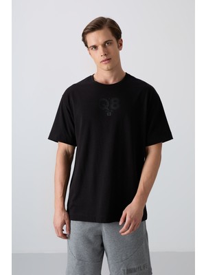 Tommy Life Siyah Pamuklu Kalın Yumuşak Dokulu Oversize Fit Baskılı Erkek T-Shirt - 88333