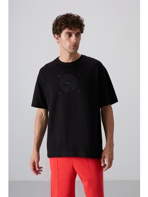 Tommy Life Siyah Pamuklu Kalın Yumuşak Dokulu Oversize Fit Baskılı Erkek T-Shirt - 88324
