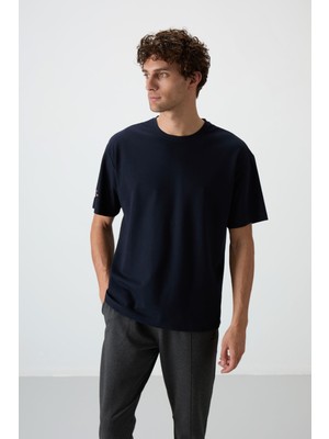 Air Jones Lacivert Pamuklu Kalın Yüzeyi Dokulu Oversize Fit  Baskılı Erkek T-Shirt - 88369