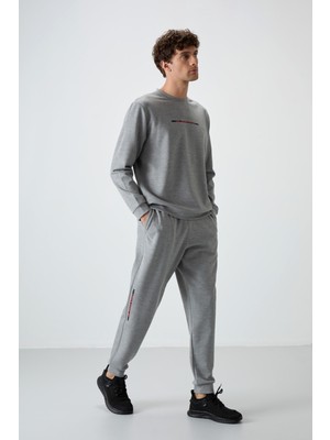 Air Jones Gri Melanj Pamuklu Kalın Yumuşak Dokulu Comfort Fit Baskılı Erkek Eşofman Takım - 85239