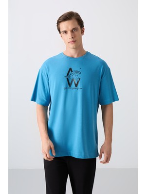 Tommy Life Petrol Mavi Pamuklu Kalın Yumuşak Dokulu Oversize Fit Baskılı Erkek T-Shirt - 88332