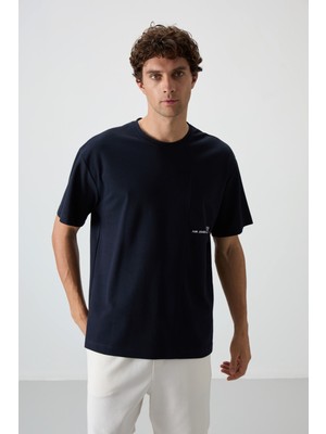 Air Jones Lacivert Pamuklu Kalın Yüzeyi Dokulu Oversize Fit  Baskılı Erkek T-Shirt - 88370