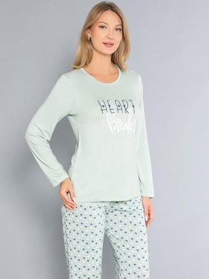 Uzun Kollu Bisiklet Yaka Pijama Takımı - Yazlık Kalp Desenli Yumuşak Milan Kumaş - Poppy 59-01 (M, L, Xl, Xxl)