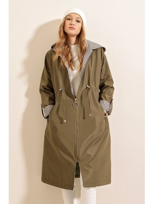 Modavera 9091 Beli Büzgülü Kapşonlu Trençkot - Haki