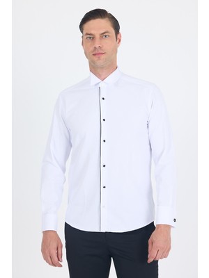 Beyaz Ata Yaka Kendinden Desenli Ceremony Pamuklu Slim Fit Gömlek 1004250215