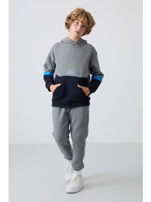 Tommy Life Gri Melanj Pamuklu Kalın İçi Tüylü Standart Fit Nakışlı Erkek Çocuk Eşofman Takım - 11255