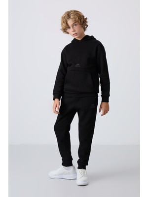 Siyah Pamuklu Kalın İçi Tüylü Yumuşak Dokulu Standart Fit Nakışlı Erkek Çocuk Eşofman Takım - 11255