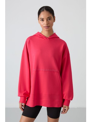 Tommy Life Viva Kırmızı Balon Kol Yazı Nakışlı Kadın Oversize Tunik Sweatshirt - 97163