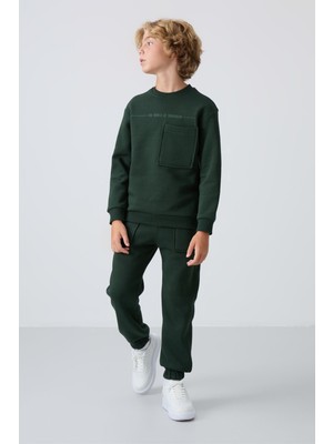 Tommy Life Çam Yeşil Pamuklu Kalın İçi Tüylü Standart Fit Baskılı Erkek Çocuk Eşofman Takım - 11257
