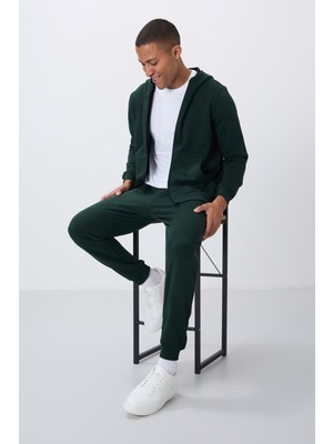Tommy Life Çam Yeşil Kompakt Pamuklu Kalın Pürüzsüz Dokulu Kapüşonlu Comfort Fit Erkek Eşofman Takım - 85262