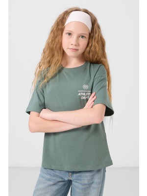 Açık Yeşil Pamuklu O Yaka Oversize Fit Baskılı Kız Çocuk T-Shirt - 75178