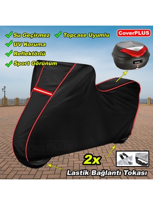 Vespa Sprint 50 Pro Arka Çanta Uyumlu Branda Siyah Kırmızı-Dikişli Reflektörlü Motosiket Brandası Motor Örtüsü Çadır Su Geçirmez Motosiklet Kılıfı Motor Brandası