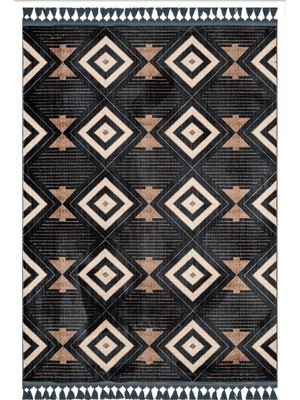 Hali.Net 80x250 cm Siyah Elmas Bohem Geometrik Halı | Mutfak Yolluk Halısı | Hav Vermez Leke Tutmaz | MHV-3846