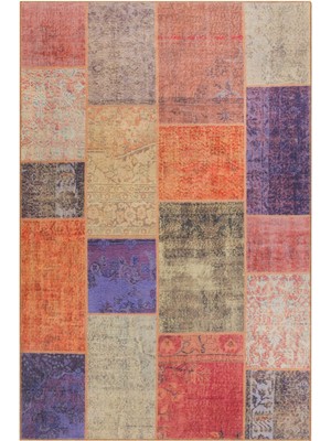 Bespoky 230x230 cm Turuncu Çok renkli Patchwork Bohem Soyut Yıkanabilir Halı | Salon Yatak Odası Halısı | Hav Vermez, Leke Tutmaz, Kaymaz | BA03-KARE