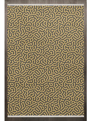 Geometrik Sarı Pamuk Kare Modern Desenli Pamuk Makinada Yıkanabilir Hav Toz Vermez Leke Tutmayan Kaymaz Taban Dijital Makine Baskı Salon Yolluk Mutfak Halı