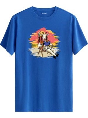 Plajda Kitap Okuyan Keçi Baskılı %100 Pamuk Tişört