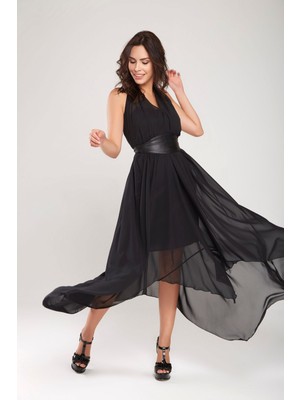 Ecru V Yaka Asimetrik Rahat Kesim Şifon Elbise Gündüz Gece Şıklığı 24L7548