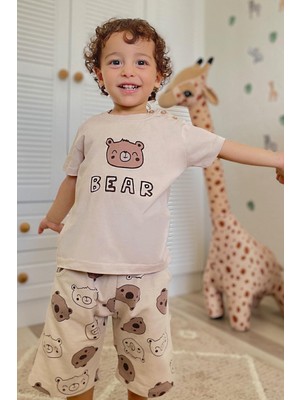 Breeze Erkek Bebek Şortlu Takım Havalı Ayıcık Baskılı 9 Ay-3 Yaş, Bej