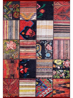 Coopersville Turuncu Patchwork Etnik Modern Desenli Makinada Yıkanabilir Hav Toz Vermez Leke Tutmayan Kaymaz Taban Dijital Makine Baskı Salon Yolluk Mutfak Halı