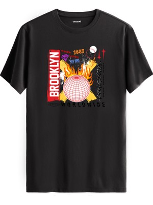 Brooklyn Retro Dünya ve Ateş Tasarımlı Sokak Modası %100 Pamuk Tişört