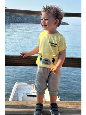 Breeze Erkek Bebek Kapri Takım Sevimli Ayıcık Nakışlı 9 Ay-3 Yaş, Sarı