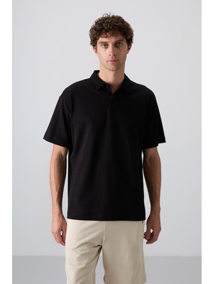 Tommy Life Siyah Pamuklu Kalın Yumuşak Dokulu Oversize Fit Basic Polo Yaka Erkek T-Shirt - 88327