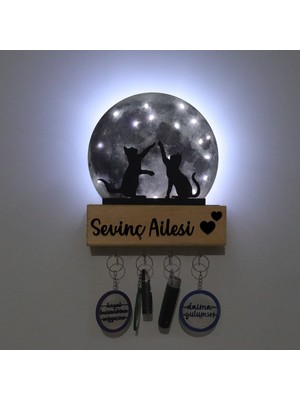 Lucenda LED Işıklı Pleksi Dolunay Kişiselleştirilebilir Dekoratif Biblo Harvey Kediler Anahtar Askılığı