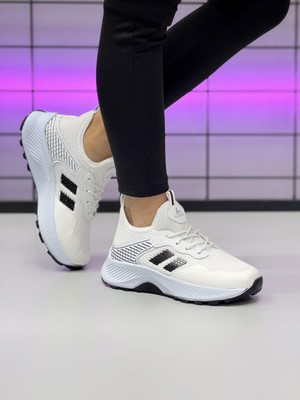 Unisex Çocuk Bağcıklı Poli Taban Triko Spor Ayakkabı-Beyaz-Siyah