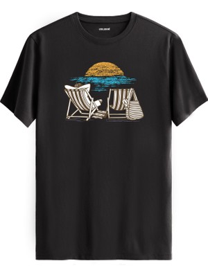 Plaj Sandalyesi Gün Batımı Baskılı Günlük Rahat Tarz %100 Pamuk Tişört