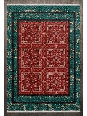  Geometrik Kırmızı Pamuk Kare Modern Desenli Pamuk Makinada Yıkanabilir Hav Toz Vermez Leke Tutmayan Kaymaz Taban Dijital Makine Baskı Salon Yolluk Mutfak Halı