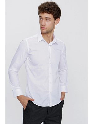 Beyaz Uzun Kol Düz Bez Ayağı Sert Yaka Cepsiz Pamuklu Basic Slim Fit Gömlek 1004250057_600